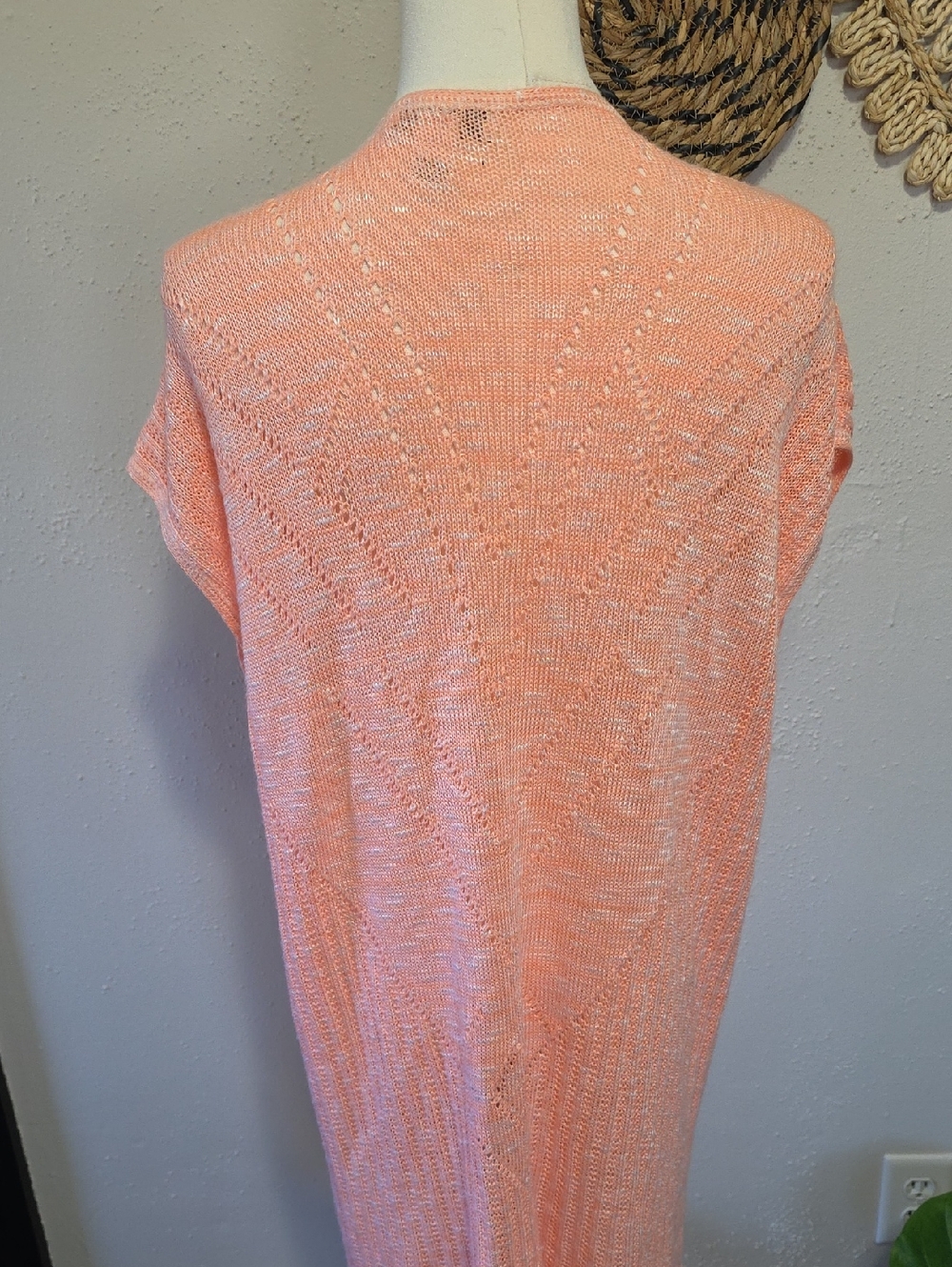 C & B Lightweight Peach Openknit Cap Sleeve Duster Cardigan Womens L y2K vibes